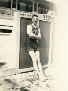 Young man in Neptune Beach bathing suit, Neptune Beach, Alameda, California, old photo, date unknown